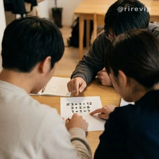 Group of people collaborating to solve a math puzzle together