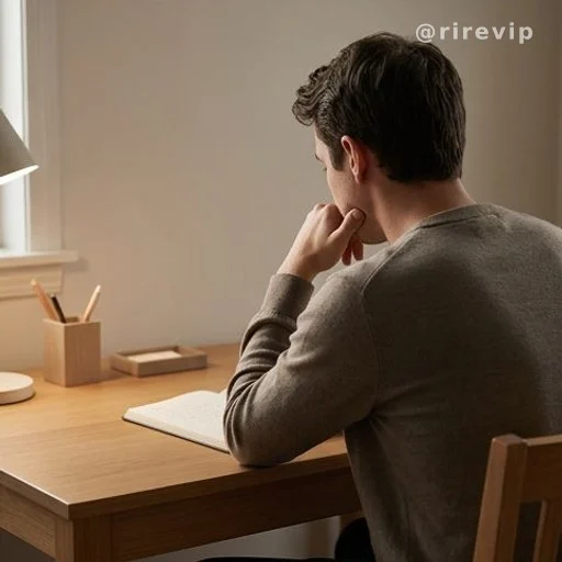 Person thinking at a desk, cognitive skills and attention to detail