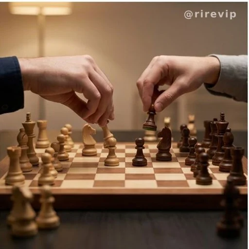 Two people playing chess, hands visible, chessboard with pieces mid-game