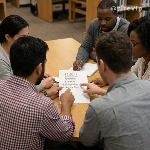 Adults seen from behind looking at a math problem on paper