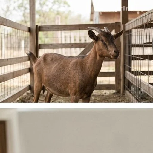 A goat in a rural pen illustrating the classic buying and selling puzzle