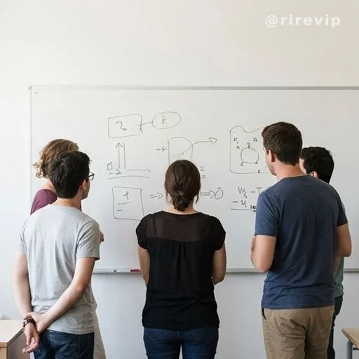 People from behind studying a logic diagram on a whiteboard in a meeting room