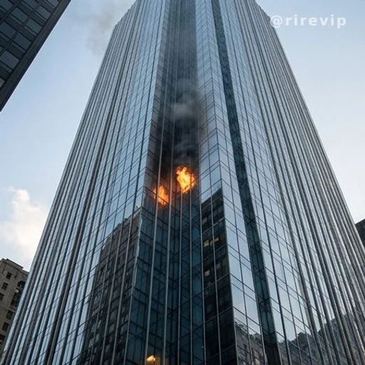 Tall skyscraper reflecting a small flame, illustrating the fall riddle