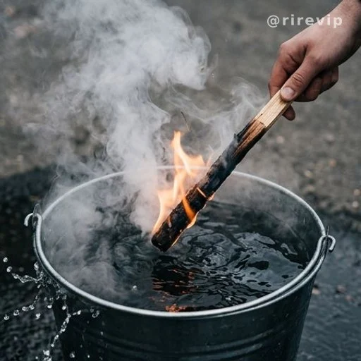 Burning torch being extinguished in water, fire dying on contact
