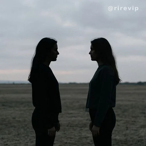 Two silhouettes of girls standing face to face outdoors