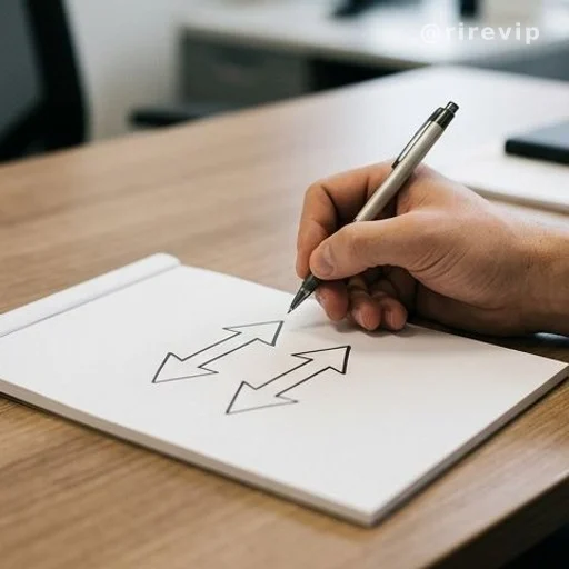 Hand drawing opposite direction arrows on a notepad, problem solving concept