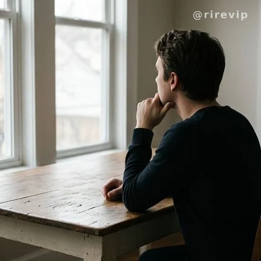 Person seen from behind thinking at a wooden table, critical thinking concept