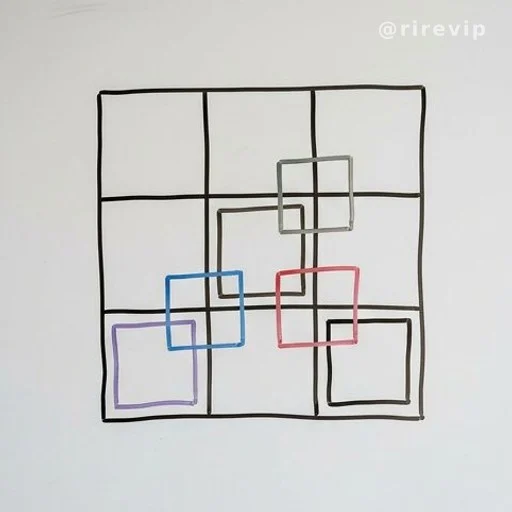3x3 grid on whiteboard with overlapping squares highlighted to show cognitive puzzle layers