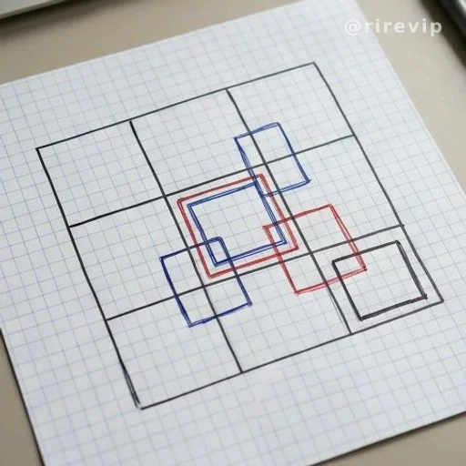 3x3 grid on graph paper showing small, medium, and large squares traced in different colors