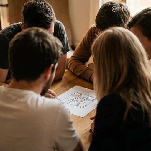 People gathered around a table solving a visual square-counting puzzle together