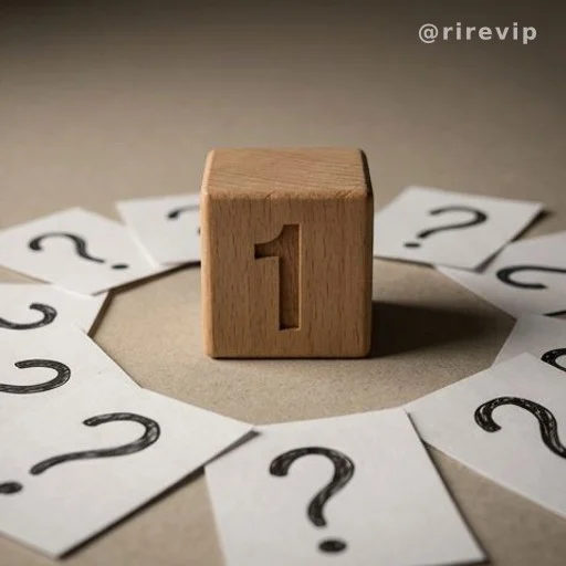 Wooden block with number one surrounded by question mark cards