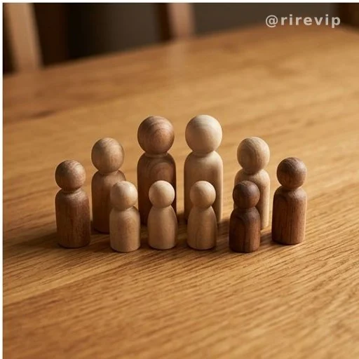 Nine figurines on a table representing a family riddle answer